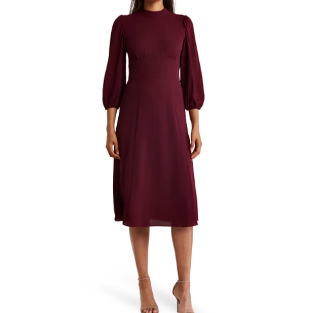 MAGGY LONDON Mock Neck Balloon Sleeve  Midi Dress Size 10, really comfortable